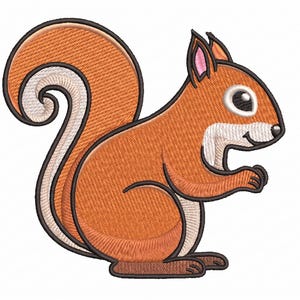 May include: Embroidered design of a cartoon squirrel in shades of orange, brown, and white. The squirrel is in profile, with a large, fluffy tail and a friendly expression. The design is likely for embroidery projects.