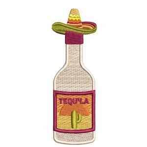 May include: Embroidered design of a tequila bottle with a sombrero on top. The bottle has a label with the word "TEQUILA" and a cactus illustration. The sombrero is green, yellow, and red.