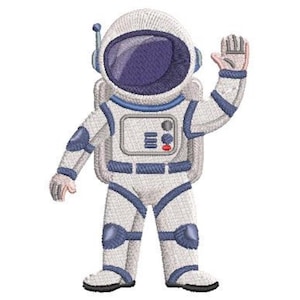 May include: Embroidered astronaut in a white spacesuit with blue detailing, waving. The astronaut has a purple visor and antenna. The design is in a cartoon style, suitable for space-themed crafts and projects.