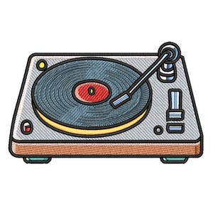 May include: Embroidered illustration of a turntable. The record player has a gray body with a wooden base and a black tone arm. The record is gray with a red center. A yellow accent line surrounds the record.