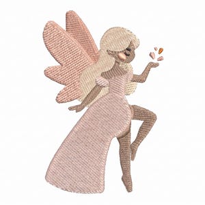 May include: Embroidered design of a fairy in a flowing pink dress with matching wings. The fairy has blonde hair and is holding small, colorful objects in her hand. The design is on a white background.