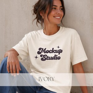 Ivory Tee Mockup Comfort Colors 1717 Minimal Outfit | Blank Shirt Mockup for Clothing Brand | Neutral Street Style Photo