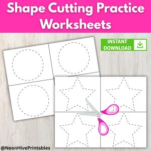 Puede incluir: Hojas de trabajo blancas para practicar el corte de formas con líneas de puntos para cortar círculos y estrellas. Un par de tijeras con mango rosa está encima de la hoja de trabajo de estrellas. El texto "Shape Cutting Practice Worksheets" está en la parte superior.