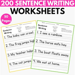 Op de afbeelding: Een set van 50 pagina's met 200 werkbladen voor het schrijven van zinnen. De documenten bevatten zwarte tekst op wit papier met gele en groene randen. Elke pagina bevat een regel voor naam en datum, instructies, een illustratie en genummerde regels.