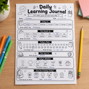 May include: A white paper Daily Learning Journal sheet with black ink, featuring sections for name, date, day of the week, month, year, weather, and feelings. The page includes hand-written entries for Emma, May 20, 2025, Monday, and excited.