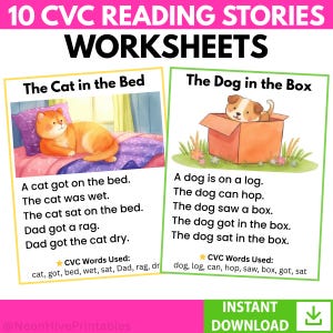 May include: Educational worksheets titled 10 CVC READING STORIES WORKSHEETS. Two pages are shown: The Cat in the Bed with an orange cat illustration and text, and The Dog in the Box with a puppy in a box illustration and text. Both include CVC words.