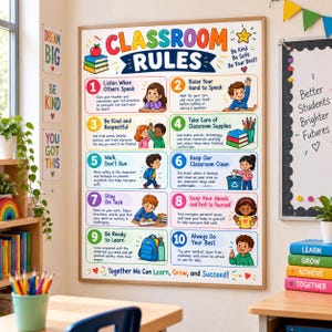 Puede incluir: Un póster rectangular de reglas de clase con diez directrices numeradas e ilustraciones coloridas de niños y útiles escolares. El texto incluye "CLASSROOM RULES," "Be Kind, Be Safe, Be Your Best!," y "Together We Can Learn, Grow, and Succeed!."