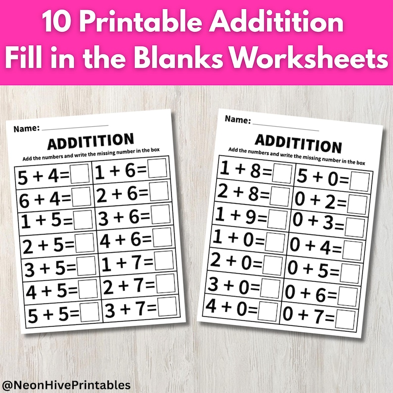 10 Printable Addition Fill in the Blank Worksheets | Kindergarten, 1st ...
