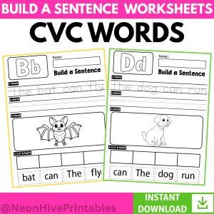 Puede incluir: Dos hojas de trabajo para construir oraciones con palabras CVC. La primera hoja de trabajo presenta un murciélago y la frase "The bat can fly." La segunda hoja de trabajo presenta un perro y la frase "The dog can run."