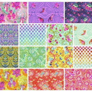 May include: A collection of 12 colorful fabric squares featuring various patterns, including floral, geometric, and animal prints. The fabrics are a mix of bright colors, such as pink, green, yellow, and blue.