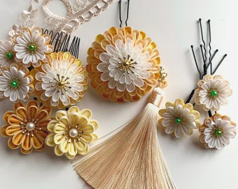 Golden Yellow Silk Tsumami Kanzashi Hair Accessories – Handmade Japanese Kimono Hairpiece
