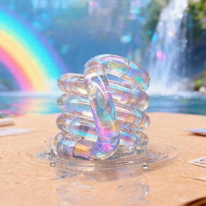 May include: A clear, iridescent spiral toy sits in shallow water. The toy is made of connected, curved segments that reflect a rainbow of colors. A rainbow and waterfall are visible in the background.