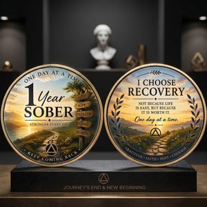 May include: Two round, gold-rimmed coins with inspirational messages. One coin reads "1 Year SOBER" with a path illustration and the text "Stronger Every Day." The other coin says "I Choose Recovery" with a sunset scene and the text "One day at a time."