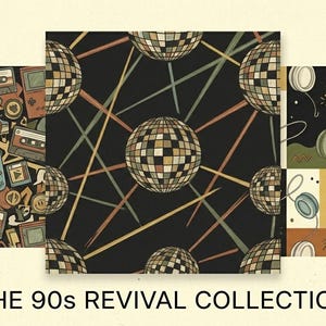 Può includere: Una collezione di 10 motivi senza cuciture ad alta risoluzione a tema revival anni '90. I motivi presentano cassette retrò, console di gioco, sfere da discoteca e yo-yo in una varietà di colori. È incluso anche il testo "THE 90s REVIVAL COLLECTION".