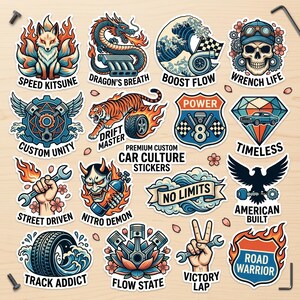 May include: A selection of vibrant car culture stickers with diverse designs. The stickers showcase images of a fox, dragon, tiger, skull, and other automotive-themed graphics. Text includes "Speed Kitsune", "Drift Master", and "Road Warrior".