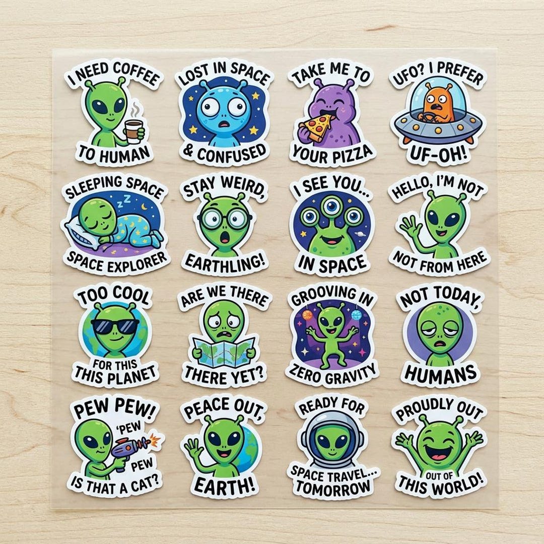 Alien Sticker Sheet: Funny Space Decals for Laptops, Water Bottles (16 ...