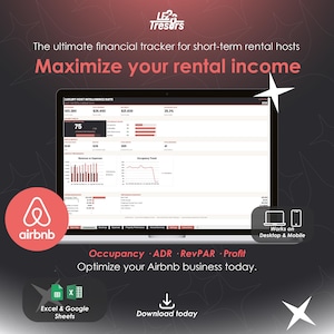 Airbnb och spårning av korttidsuthyrning | Excel- och Google Sheets-kalkylblad | Instrumentpanel för intäkter, kostnader, beläggning och vinst | ADR och RevPAR