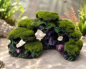 Mossy Aquarium Cave Decor, Fish Tank Rock Hideout Ornament, Betta Shrimp Shelter, Aquascape Tunnel with Green Moss Accent, Aquarium Gift