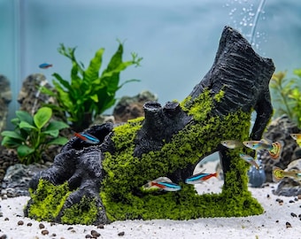 Mossy Tree Root Aquarium Ornament, Driftwood Freshwater Fish Tank Cave Decor, Aquascape Hideout for Betta Shrimp Guppy and Small Fish