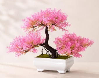 Artificial Bonsai Tree Potted Fake Plant, Colorful Plastic Mini Flower Pot, 25x18cm Home Room Table Shelf Office Decor Ornament Gift