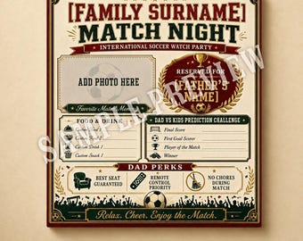 Aangepaste voetbalwedstrijd nachtposter, vaderdagcadeau vader, bewerkbaar afdrukbaar horloge feestbord, familieachternaam speldecor, voor sportfans
