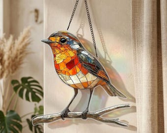 Stained Glass Robin Bird Suncatcher Window Hanging, Colorful Mosaic Glass Bird Decor, Boho Nature Sun Catcher Gift with Rainbow Light Effect