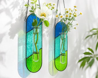 Hanging Stained Glass Propagation Stations, 2 Pcs Wall Planters for Indoor Plants, Window Terrarium Decor, Gift for Mom Plant Lovers