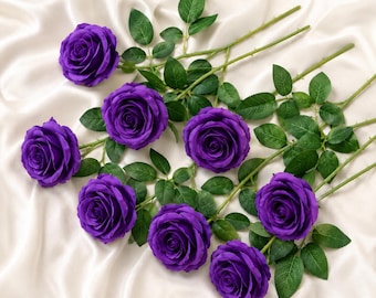 10pcs Purple Artificial Roses, Realistic Silk Rose Stems, Fake Purple Flowers for Wedding Bouquet, Home Decor, Party & Festival Decoration