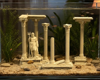 Roman Ruins Aquarium Decor, Greek Temple Columns and Sea God Statue, Ancient Aquascape Centerpiece for Freshwater Fish Tank Display