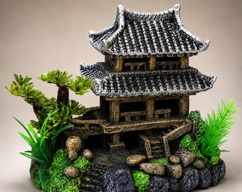 Asian Pagoda Aquarium Ornament Fish Tank Castle Decor Resin Temple Hideout with Plants Rocks Bonsai Landscape