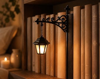 Vintage Lantern Bookend with Warm LED Light, Sliding Bookshelf Lamp for Gothic Library Decor, Book Lover Gift and Reading Nook Accent