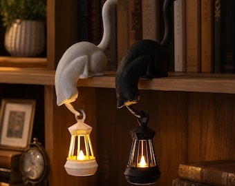 Cat Shelf Sitter with LED Lantern Night Light, 3D Printed Cat Figurine Bookshelf Decor, Whimsical Gift for Cat Lovers, Black or White