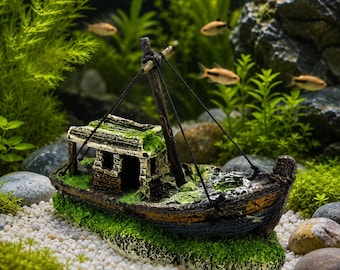 Sunken Fishing Boat Aquarium Ornament, Resin Shipwreck Hideout Cave Decor for Fish Tank Aquascape Moss Rock Decoration, Small Nautical Gift