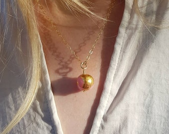 Pink and Gold Globe Necklace | Lampwork Murano Glass Ball Pendant with Gold Leaf