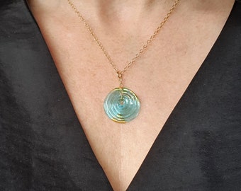 Delicate Glass Disc Necklace | Teal Murano Glass Pendant with 24k Gold Leaf on gold fill chain