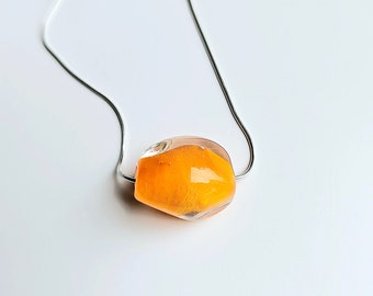 Handmade Orange Murano Glass Necklace on sterling silver snake chain, contemporary, minimal, sculptural glass pebble necklace