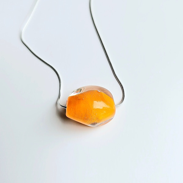 Handmade Orange Murano Glass Necklace on sterling silver snake chain, contemporary, minimal, sculptural glass pebble necklace