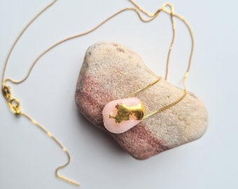 Handmade Pink Murano Glass pendant with 24k gold leaf on adjustable gold chain, contemporary, minimal, sculptural dainty pendant