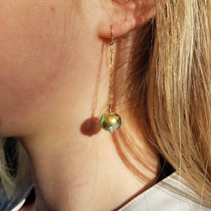 Handmade Green Lampwork Glass Drop Earrings: 24k Gold Leaf