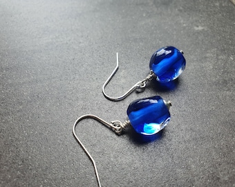 Royal Blue Glass Pebble Drop Earrings | Minimal Handmade Lampwork Glass and Silver Dangle Earrings