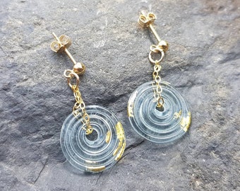 Contemporary handmade glass earrings, glass and gold leaf disc earrings, modern Murano glass jewellery, delicate earrings