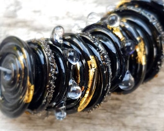 Contemporary Black and 24k Gold leaf Lampwork Glass Disc Beads | Handmade Artisan Boho Murano Glass Beads, jewellery making supplies
