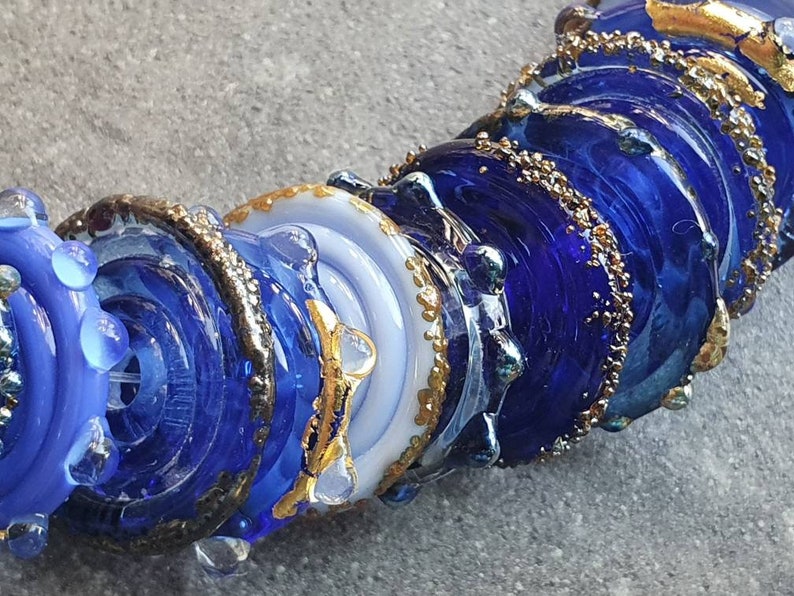 Glass disc beads, rich shades of intense blue, with 24k gold leaf and fine silver accents, lampwork glass discs, handmade blue disc beads image 1