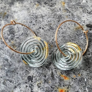 Contemporary Lampwork Glass Disc and Gold Hoop Earrings Amber Murano Glass with 24k Gold Leaf Grey