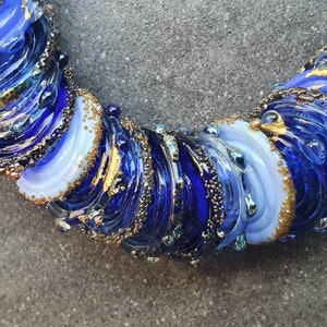 Glass disc beads, rich shades of intense blue, with 24k gold leaf and fine silver accents, lampwork glass discs, handmade blue disc beads image 5