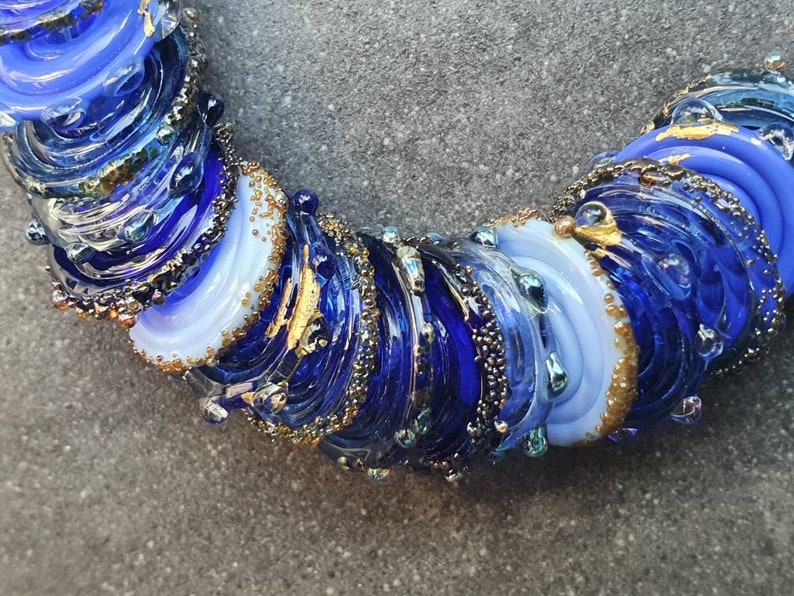 Glass disc beads, rich shades of intense blue, with 24k gold leaf and fine silver accents, lampwork glass discs, handmade blue disc beads image 5