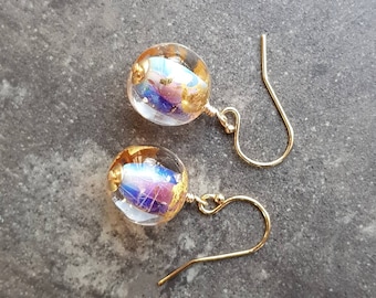 Iridescent Pink and Gold Drop Earrings | Handmade Lampwork Glass and Gold Earrings