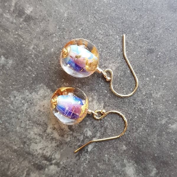 Iridescent Pink and Gold Drop Earrings | Handmade Lampwork Glass and Gold Earrings