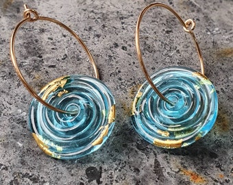 Contemporary Lampwork Glass Disc and Gold Hoop Earrings | Teal Murano Glass with 24k Gold Leaf