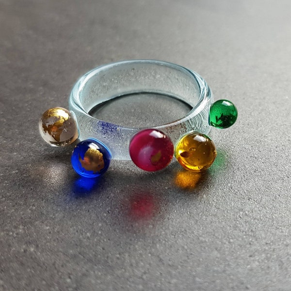 Statement Multicolour Glass Ring | Contemporary Handmade Art Glass Ring with 24k Gold Leaf